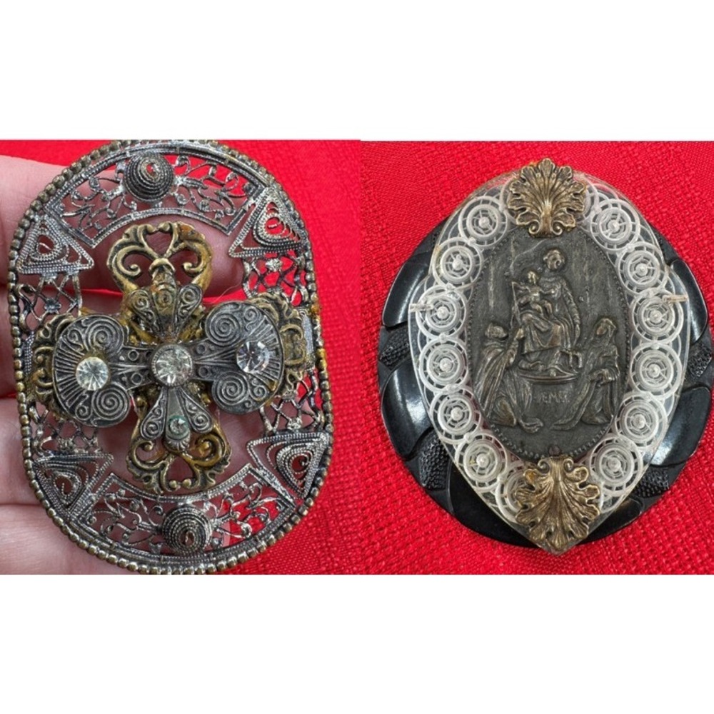 VTG 2 Handmade Religious Brooch/Necklace Ave‎ Maria Madonna Child Cross Filigree